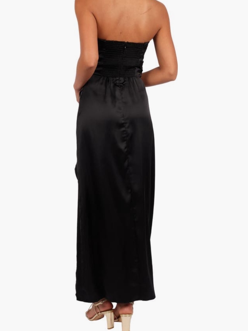 Petal & Pup Black Satin Strapless Midi Dress Small Side Slit NWOT - Picture 5 of 6